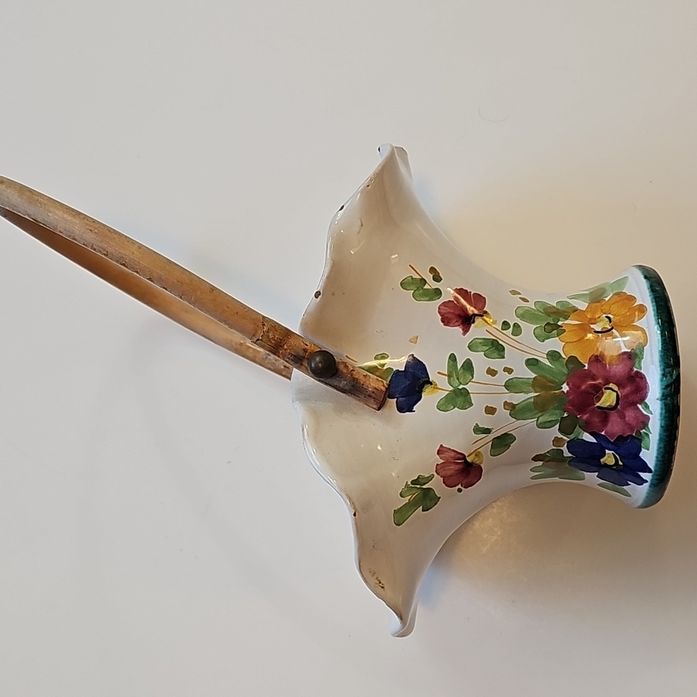 Vintage Hand Painted Italy Made Ceramic Basket with Wicker Bamboo Handle Rustic